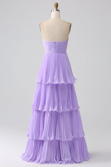 A-Line Sweetheart Lilac Tiered Chiffon Long Brudepige Kjole med plisseret